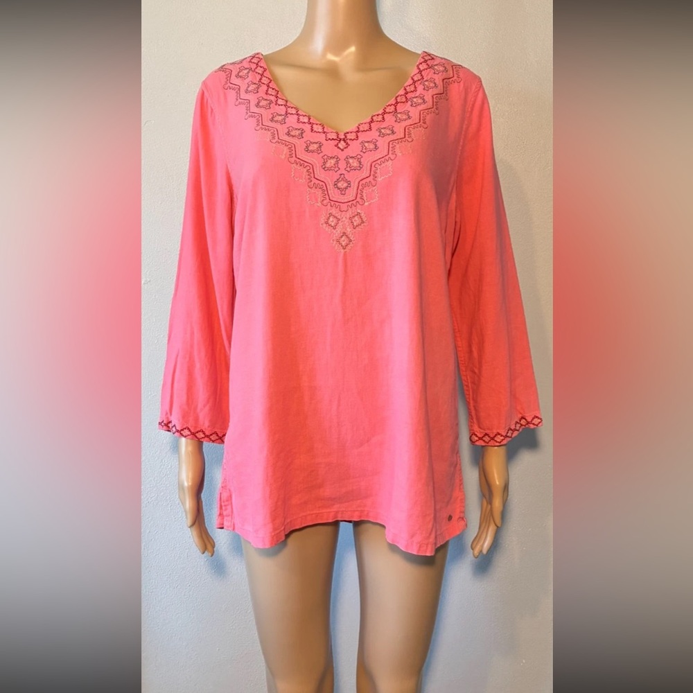 Eddie Bauer Women's Tunic SizeM Pink Embroidered Long Flared Sleeve Linen Blend